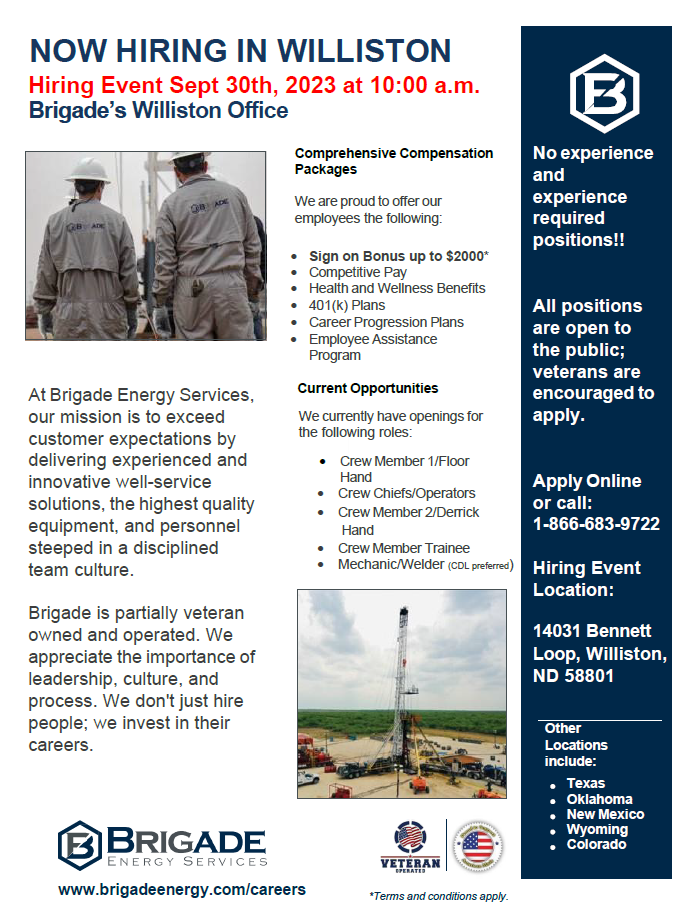 Brigade Energy Services Hiring Event on September 30 at 10 am