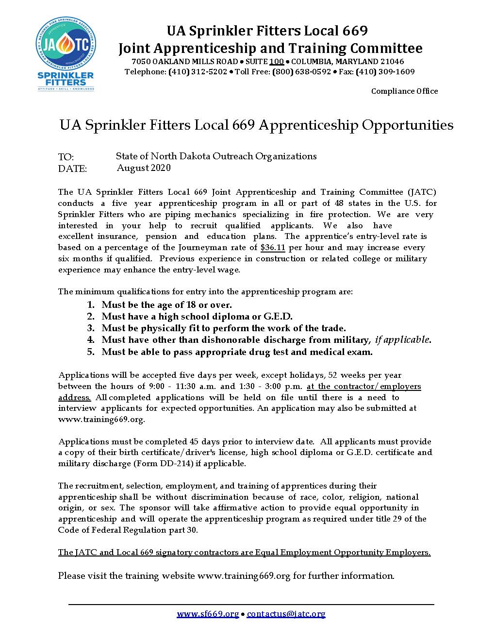 JATC Sprinkler Fitter Apprenticeship Opportunities
