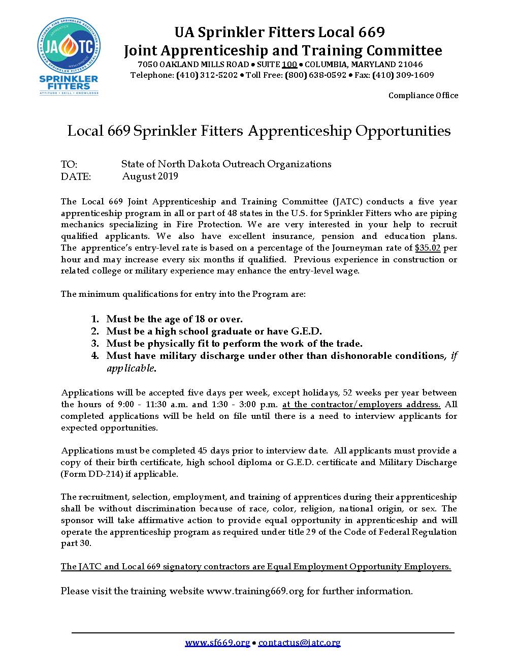 JATC Sprinkler Fitters Apprenticeship Opportunities, August 2019