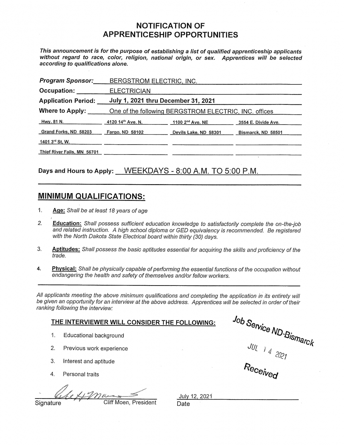 notice of apprenticeship opportunities: Electrician