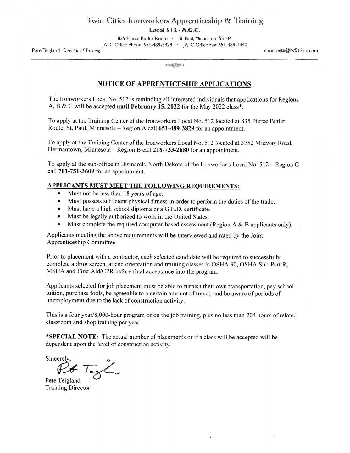 Iron Workers Apprenticeship notification