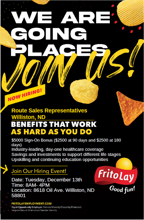 Frito Lay Hiring Event Tuesday, Dec 13 from 8 am to 4 pm
