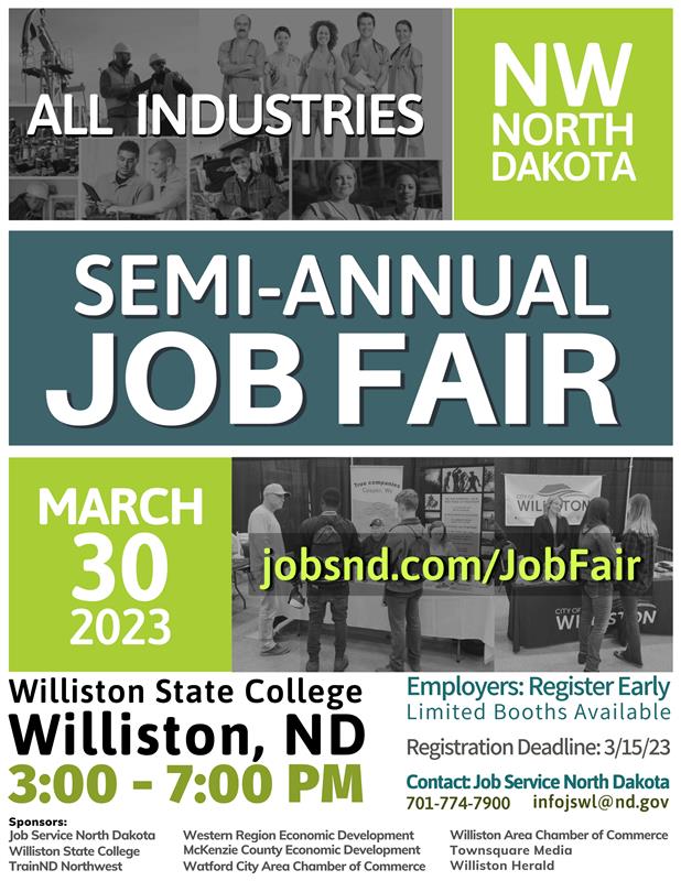 Spring 2023 NW ND Semi-Annual Job Fair on March 30 from 3 pm to 7 pm